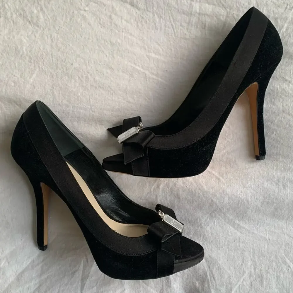 Vintage Christian Dior Logo Mirror Bow Ribbon Velvet Peep Toe Pumps Heels Black